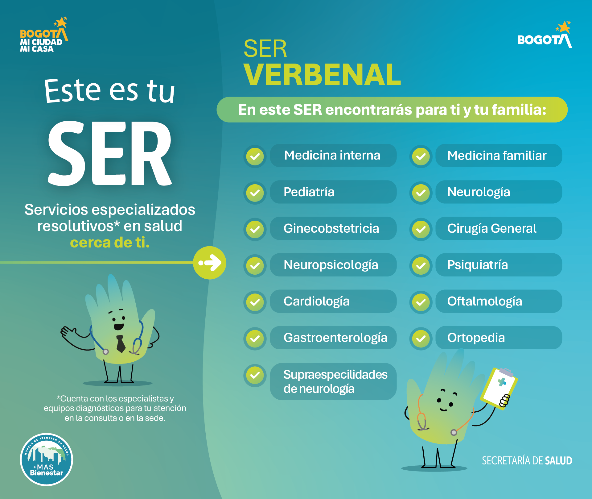 Servicios del SER del Centro de Salud Verbenal: medicina interna, pediatría, ginecobstetricia, neuropsicología, cardiología y otras especialidades